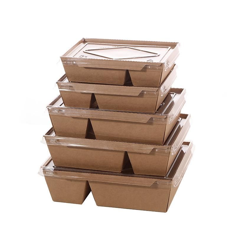 Disposable Takeaway Fast Food Packing Salad Box 2 Compartment Kraft Paper Lunch Box