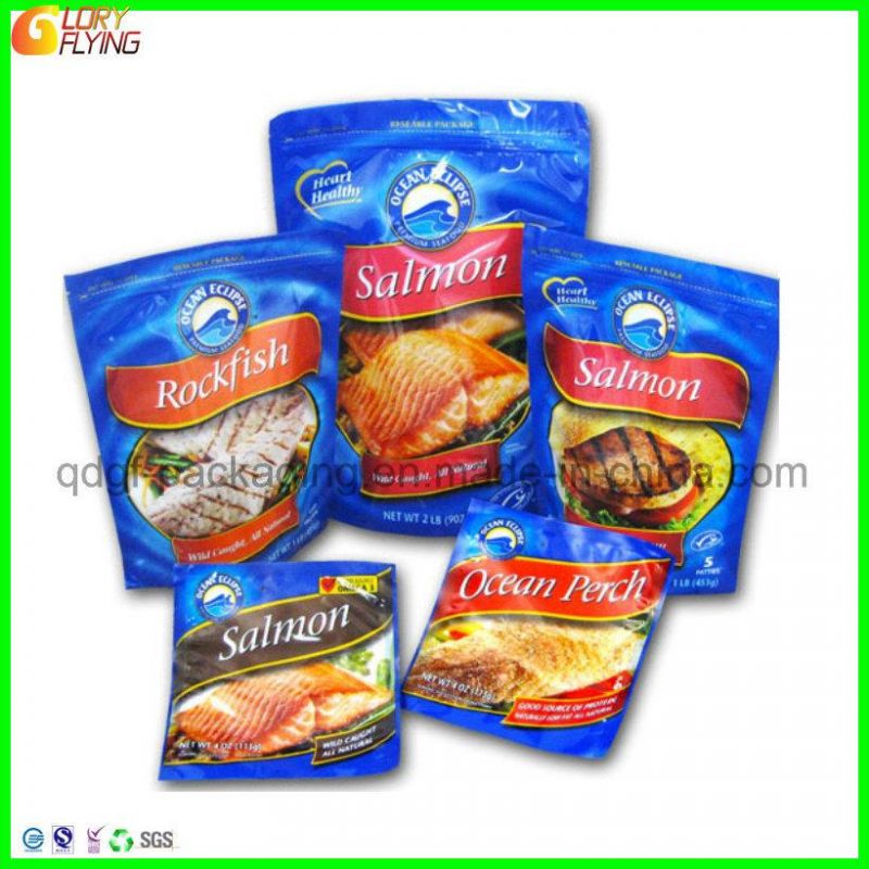 Custom Printing King Salmon Jerky Fish Bag Reusable Aluminum Foil Stand up Pouch Zip Lock Plastic Food Packaging Bags with Hanger Hole