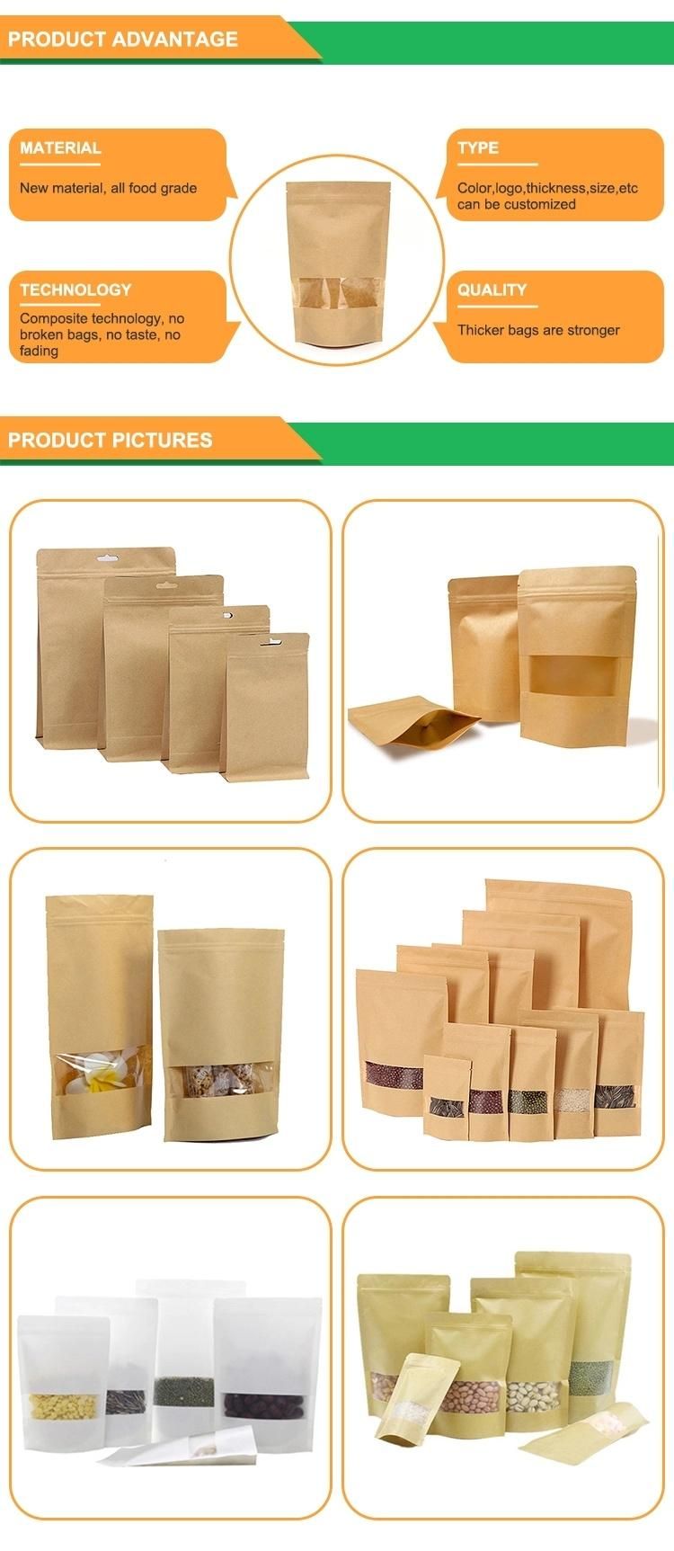 Stand up Zipper Kraft Brown Paper Resealable Heat Sealable Food Storage Doypack Packaging Pouches Bag with Clear Window