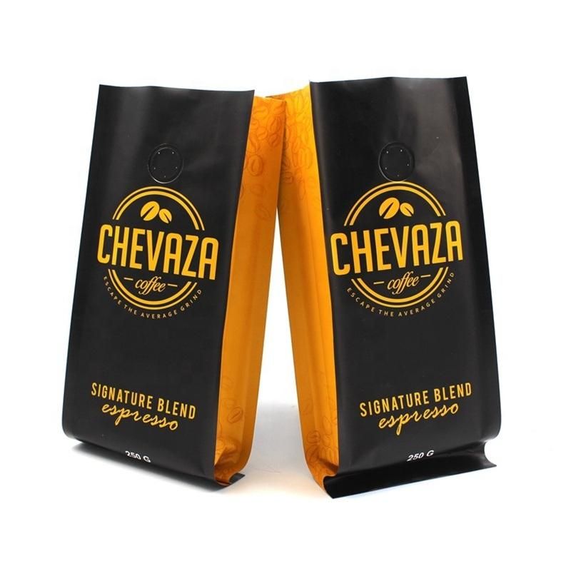 Custom Design Aluminum Foil Matt Black Coffee Beans Packaging Side Gusset Bags with Degassing Valve