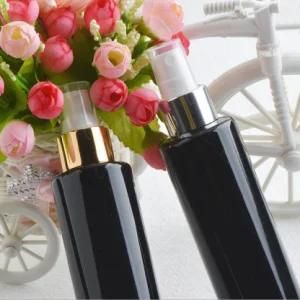 150ml Pet Plastic Flat Shoulder Shiny Black Color Gold and Silver Mist Spray Cosmetic Bottle