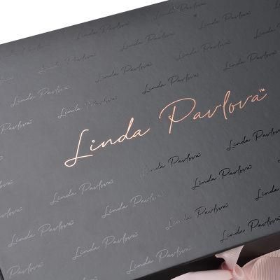 Luxury Custom Logo Packaging Cardboard Black Gift Box with Ribbon