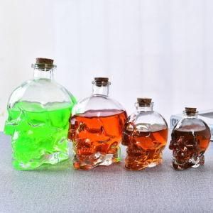 Custom Made Empty Mini Glass Liquor Spirits Bottle Skull Head Vodka Whiskey Glass Bottle with Cork