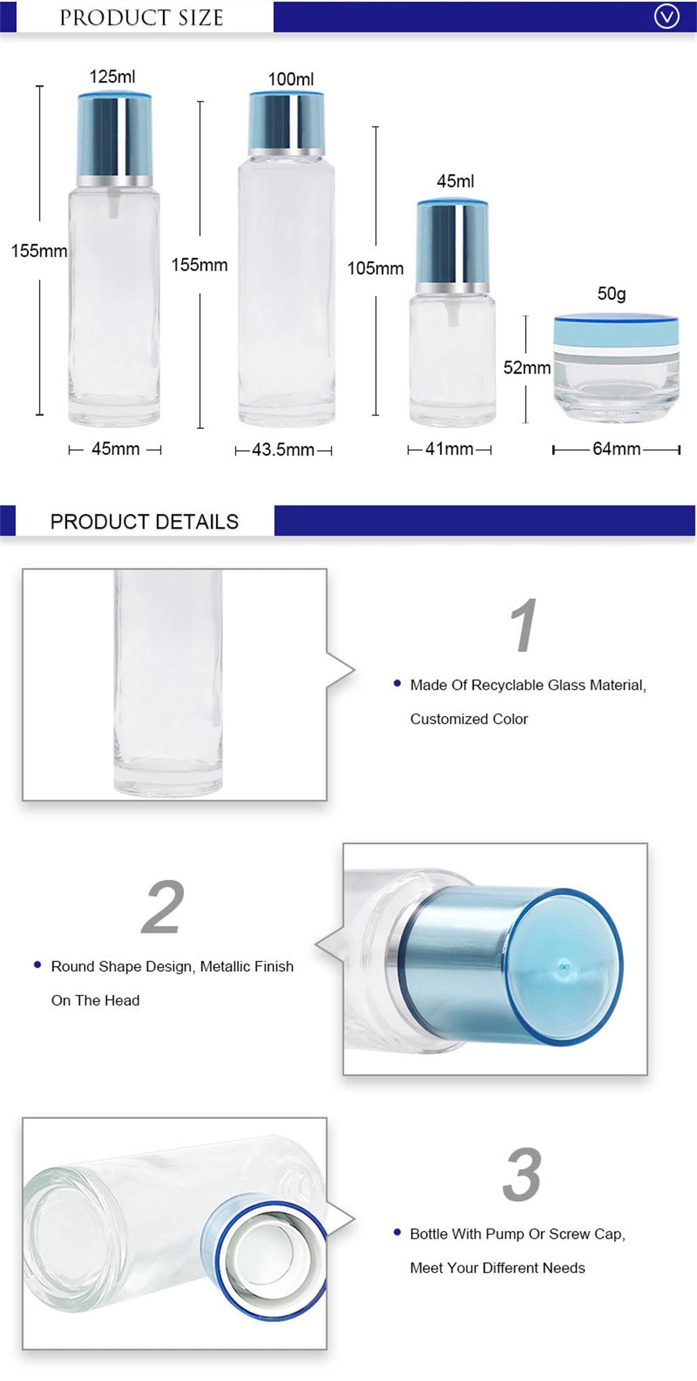 Cosmetic Packaging 45ml 100ml 125ml Clear Lotion Bottles with Blue Plating Pump