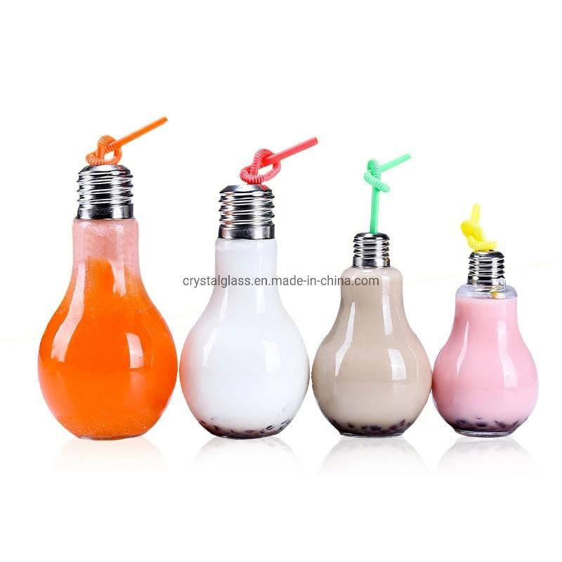 500ml Light Bulb Shape Glass Juice Boba Milk Tea Bottle with Straw