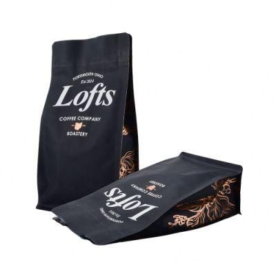 Custom Printing Resealabele Aluminum Foil Lined 500g 1kg 2kg Lock Matt Black Flat Bottom Coffee Been Packaging Bag with Valve