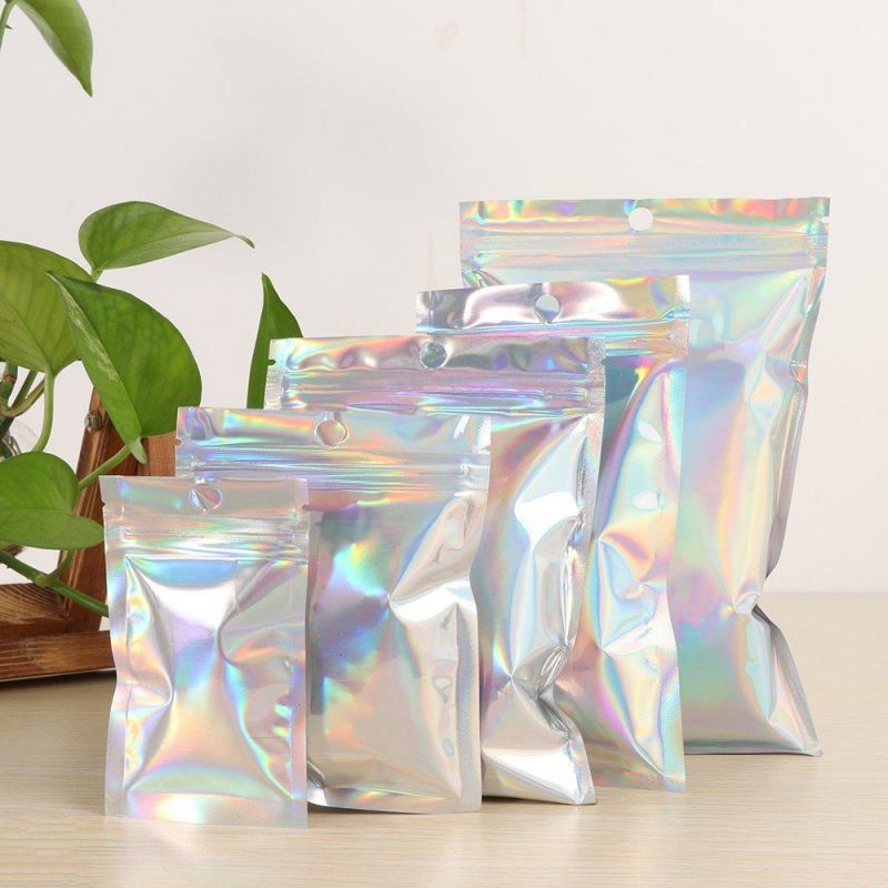 Aluminum Foil Hologram Food Pouch Small Water Proof Zipper Waterproof Reclosable Pouches Self Seal Bag