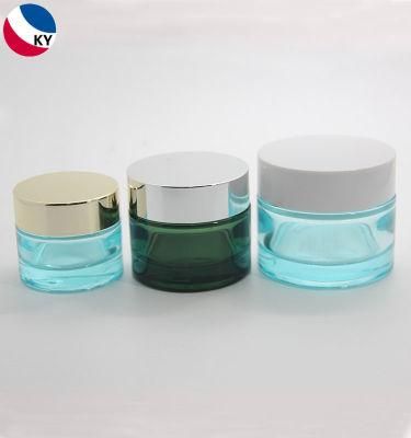 Cosmetic Makeup Cream Container Custom Colored Glass Bottle Jar with White Inner Liners and Silver Lids