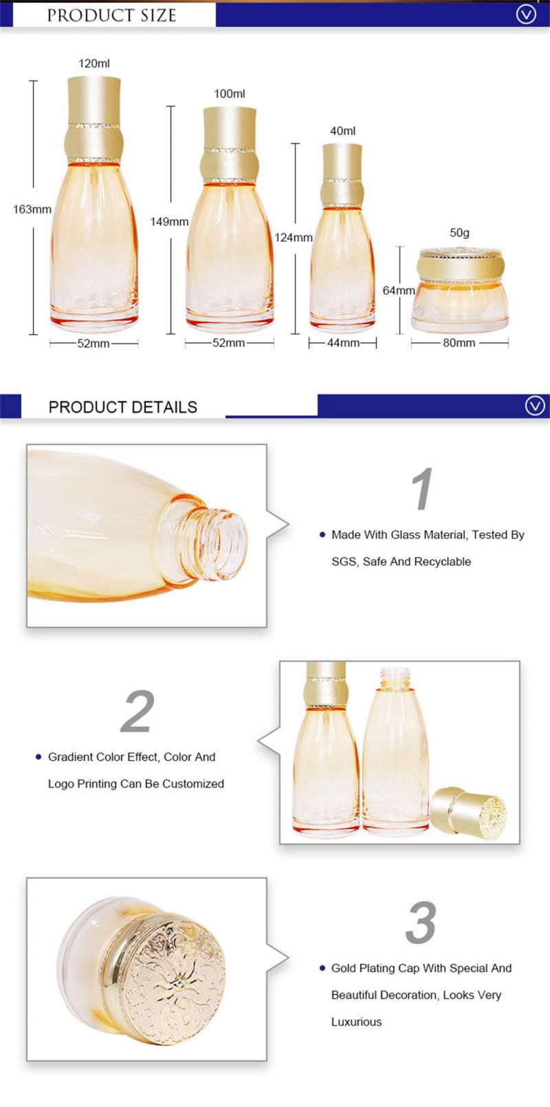 Transparent Yellow Eco Friendly Glass Lotion Bottles 30ml 100ml 120ml with Gold Pump