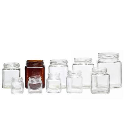 Custom Logo Clear Food Storage Honey Square Glass Jars Jam with Screw Metal Lid