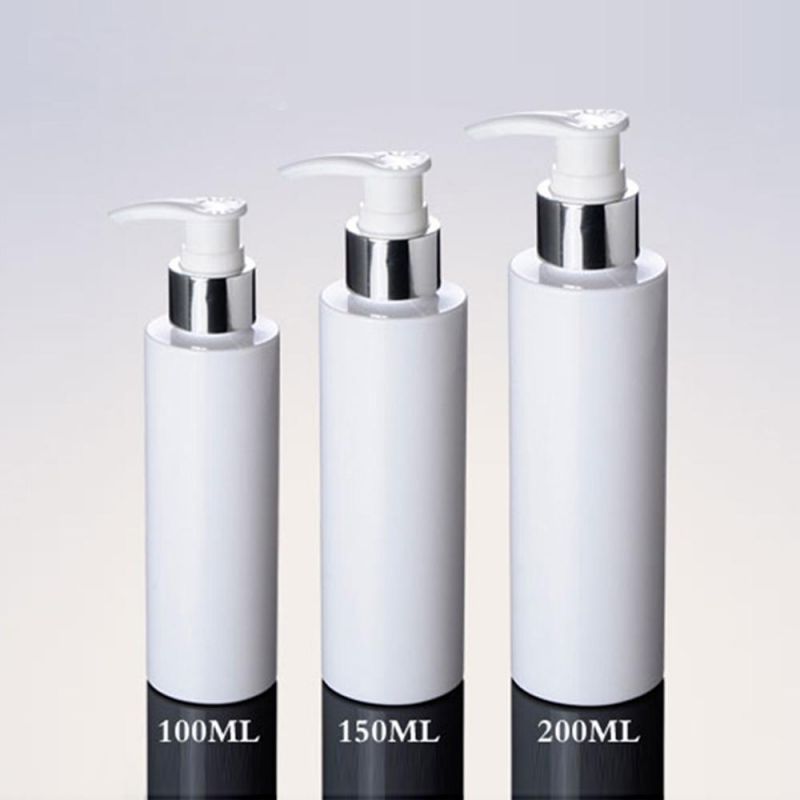 24PS/Lot Cosmetic Packaging 100ml 150ml 200ml White Plastic Silver Lotion Pump Bottle, Pet Bottle for Shampoo with Dispenser