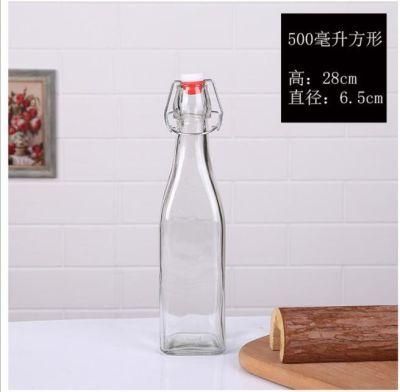 1000ml 500ml 250ml Customized Logo Printing Drinking Square Glass Water Bottles with Swing Clip Top