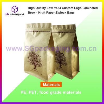 High Quality Low MOQ Custom Logo Laminated Brown Kraft Paper Ziplock Bags