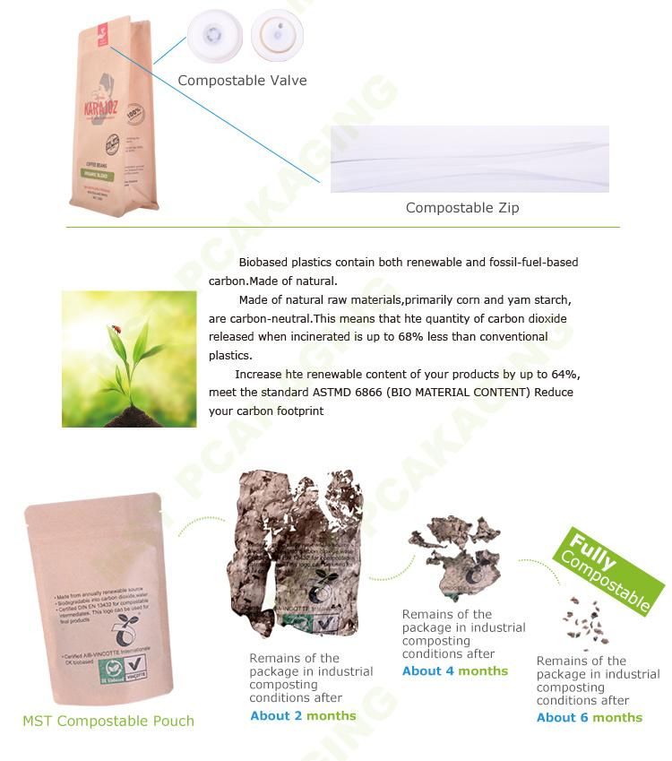 100% Compostable Biodegradable PLA Corn Starch Kraft Paper Coffee Bag with Zipper and Valve