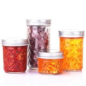 8 Oz Quilted / Diamon Design Glass Mason Jar Canning with Airtight Split-Type Lid for Home Pickles Jelly Sauce Jam Jar with Metal Lid
