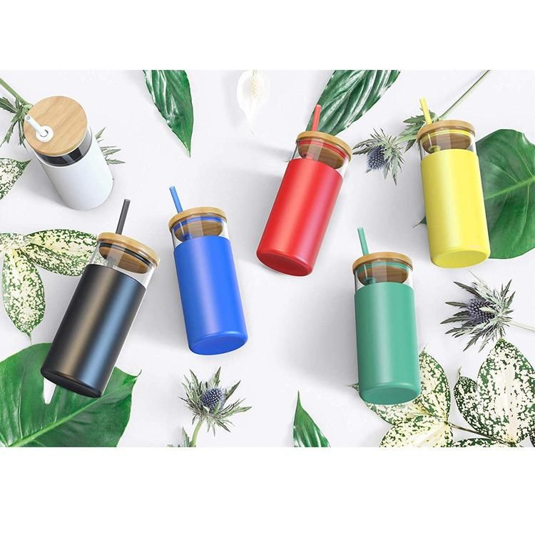 BPA Free Silicone Protective Sleeve Glass Tumbler Water Cup Glass with Bamboo Lid and Straw