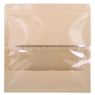 3 Side Seal Kraft Paper Reclosable Flat Heat Sealable Food Packaging Pouches with Zipper and Clear Window Bags
