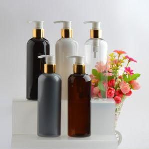 300ml Pet Plastic Round Shoulder Lotion Pump Spray Shampoo Bottle with Alumite Gold and Silver Lotion Pump