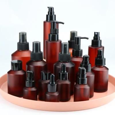 Cosmetic Packaging 15ml 30ml 60ml 125ml 200ml Black Glass Spray Bottles Full Set Frosted Amber Glass Bottle