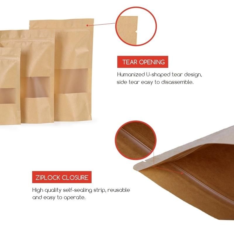 Biodegradable Ziplock Kraft Paper Flour Pouch Bag Packaging with Logo Window Food Printed White Brown Customize Kraft Paper Bags
