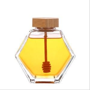 Custom Made Hexagonal Glass Honey Jar with Spoon 220ml 380ml Glass Jelly Jam Jar with Wooden Lid and Dipper