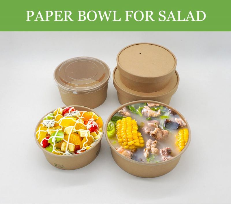 Antique Printed Kraft Vegetables and Salad Paper Food Takeout Container Bowl with Lid Disposable