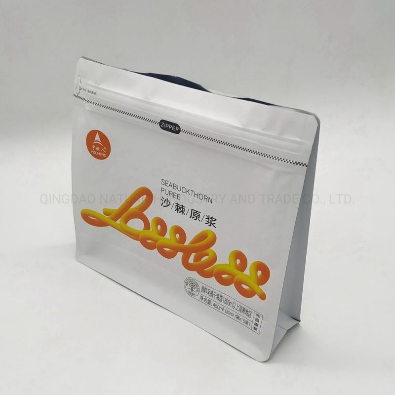 Quad Seal Bag for Fruit Juice Liquid Packing Bag Flat Bottom Plastic Bag