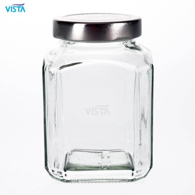 480ml Normal Flint Square Food Glass Jar with Metal Silver Lid