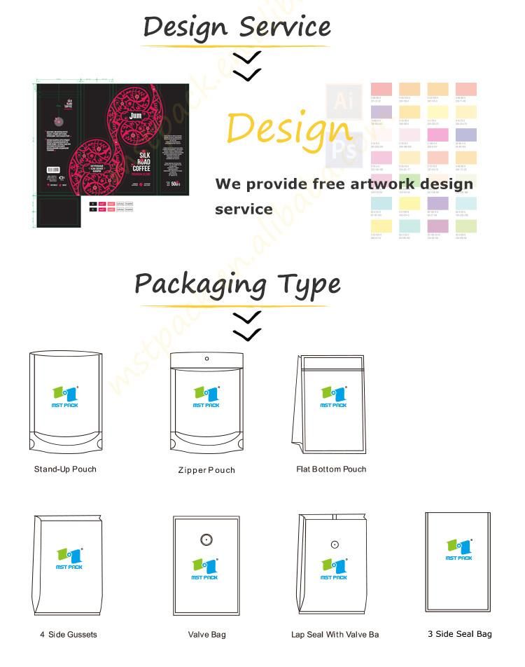 Custom Design Bio Eco Paper Flexible Packaging Aluminum Foil Resealable Ziplock One Way Valve Coffee Packing Bags