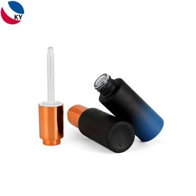 Cosmetic Luxury 20ml Round Matte Black Gradient Color Frosted Glass Bottle Push Button Dropper Bottles