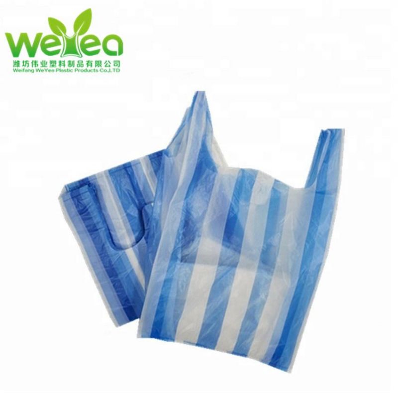 Cheap Biodegradable White&Blue Stripped T Shirt Bags Plastic Products