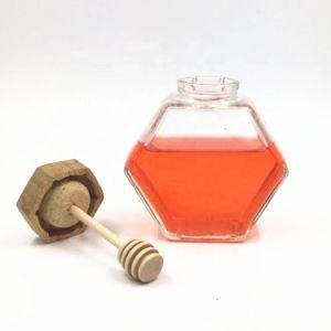 Jam Bee Honey Packaging 380ml 500g Hexagonal Glass Honey Jar Food Use Glass Storage Bottle&Jars with Wood Bamboo Lid