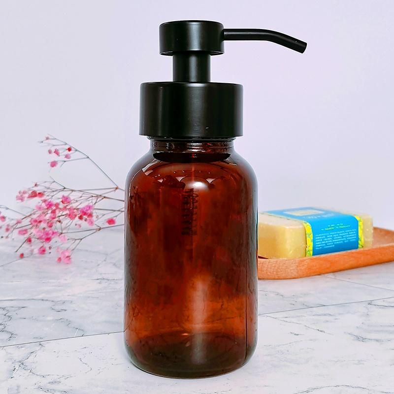 Topsale Amber 8oz 250ml Liquid Foam Soap Dispenser Glass Pump Bottle with Black Stainless Steel Foam Pump