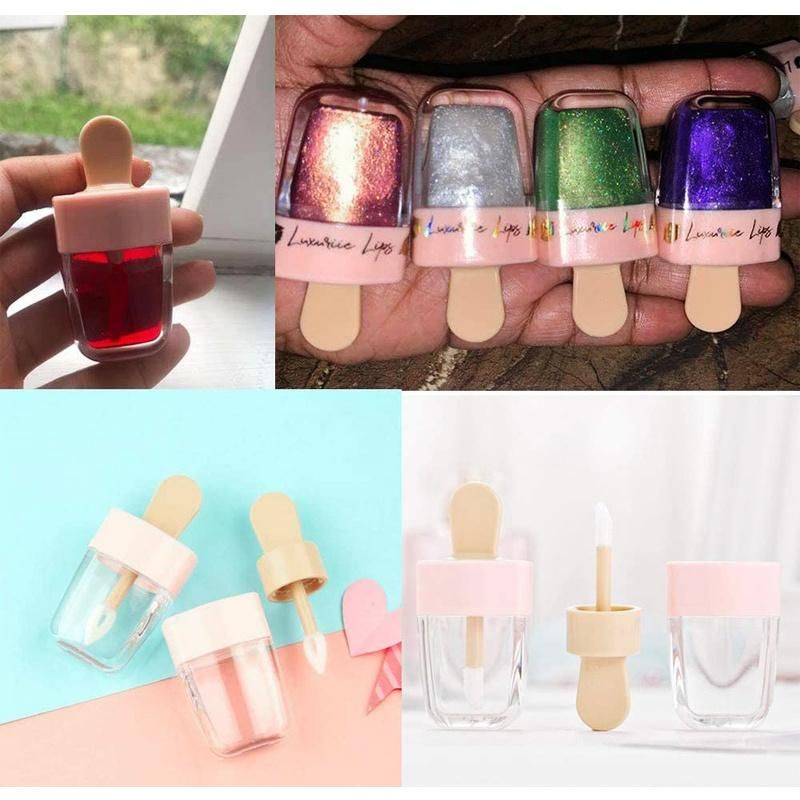 Custom 8ml Transparent Pink Empty Luxury Plastic Ice Cream Cosmetic Balm Lipstick Lip Gloss Wand Containers Tube with Brush