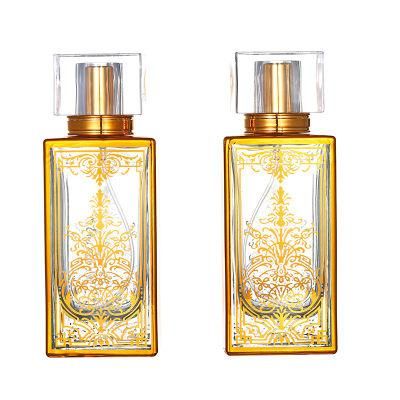 Luxury Rectangle Golden Pattern Perfume Bottle Crystal Gold Cover Transparent Sprayer Bottle