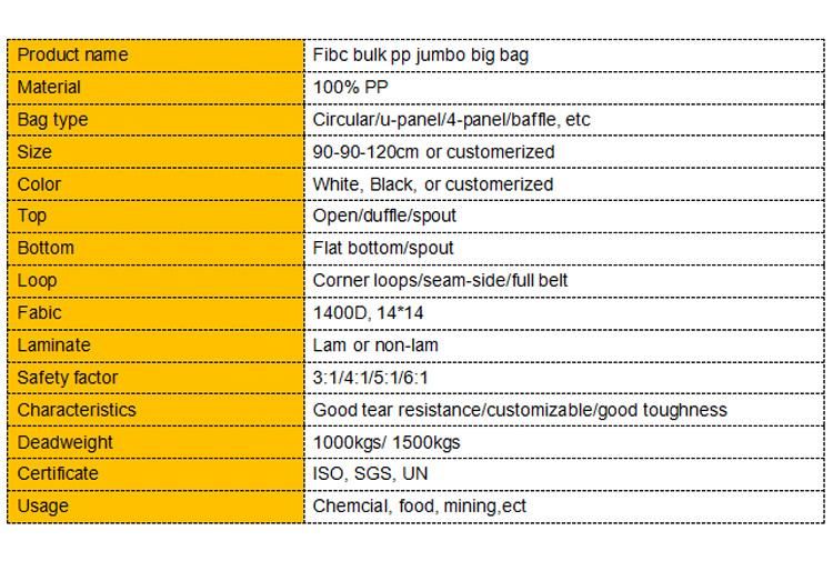 Sample Free 1500kg Baffle Big Bulk Lifting Jumbo Bag with Spout