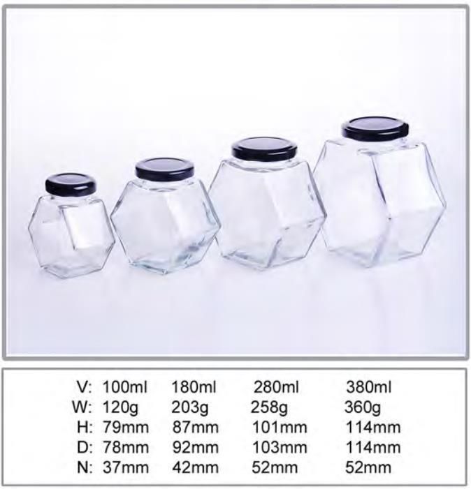 Wholesale 280ml 380ml Hexagon Glass Jam Jar for Honey with Dipper