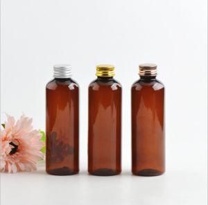 200ml Pet Plastic Round Shoulder Amber Cosmetic Shampoo Lotion Packing Bottle with Aluminum Screw Cap