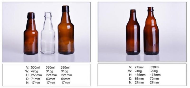 250ml 330ml Amber Blue Clear Green Glass Beer Bottle with Crown Cap