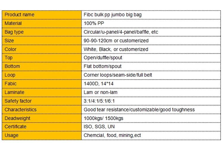 Customized Bulk Loading 800kg 1000kgs PP FIBC Jumbo Big Bag