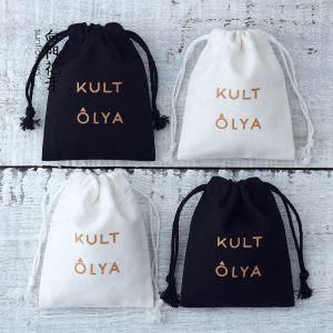 Personalized Custom Logo Gold Stamping Canvas Cotton Mini Drawstring Bag with Cotton String for Jewelry Package
