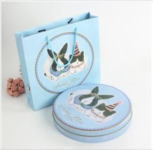 a Blue Tinplate Box with a Cat and Rabbit Design