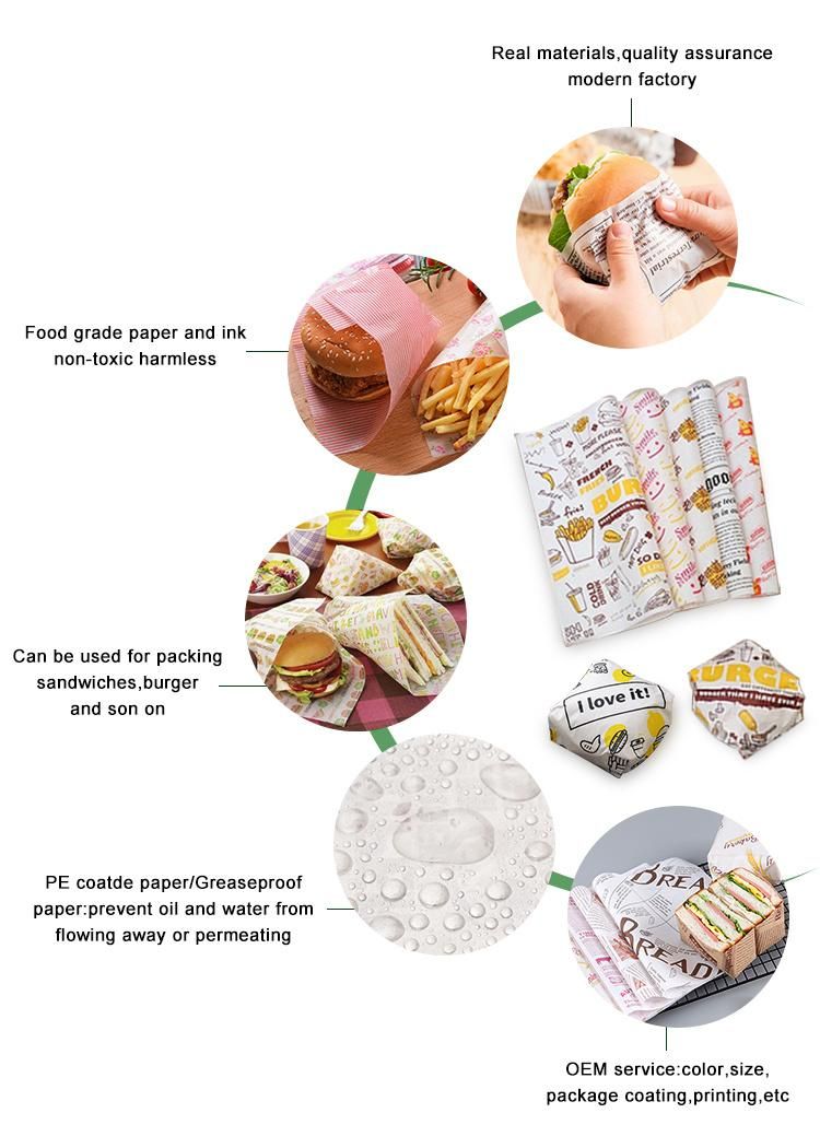 PE Coated Food Grade Custom Design and Size Grease Proof Sandwich Paper Deli Burger Wrapping Paper Bread Packaging Paper