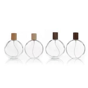 100 Ml Clear Flat Round Glass Perfume Bottles with Wooden Cap