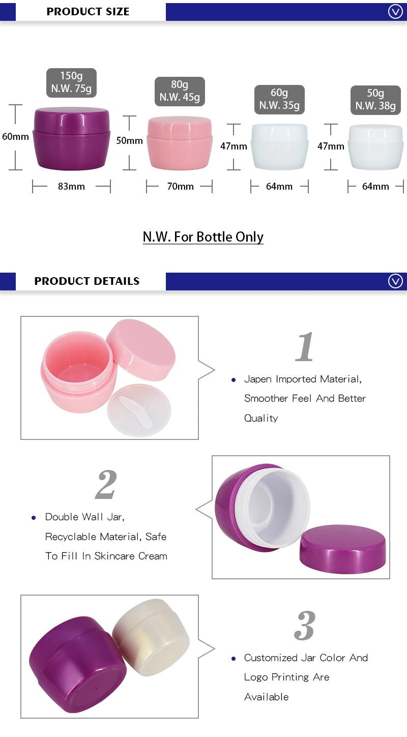 Wholesale Plastic PP White Pink 50ml 60ml 80ml 100ml Cosmetic Facial Cream Jar