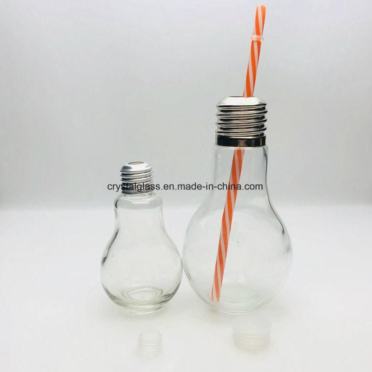 500ml Light Bulb Shaped Drinking Jar Glass Juice Bottle with Straw