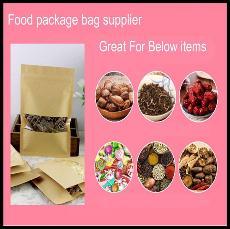 Customize Kraft Paper Flat Bags with Zipperand Clear Rectangle Window for Hemps Flower Powder Tea Snacks