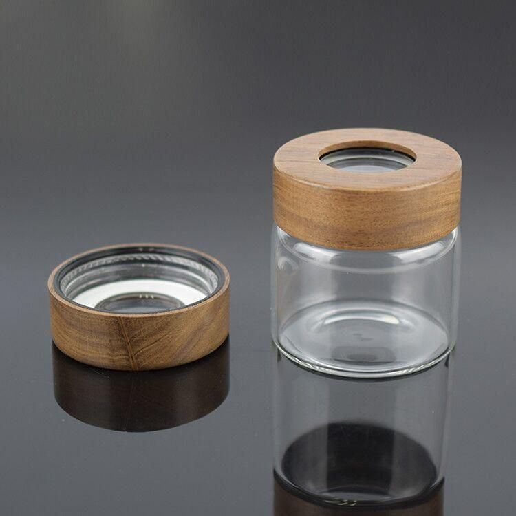 100% Airtight Seal Glass Stash Jar with Acacia Magnifying Lid