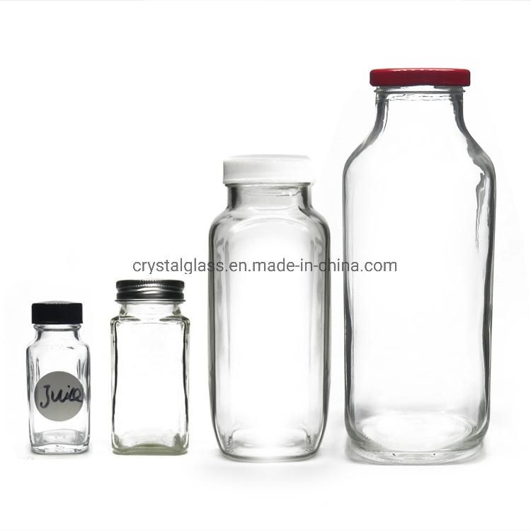 8oz 12oz 16oz 32oz Beverage/Milk/Juice French Square Glass Bottle with Plastic Lid