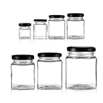 Custom Logo Clear Food Storage Glass Honey Square Glass Jar with Metal Lids